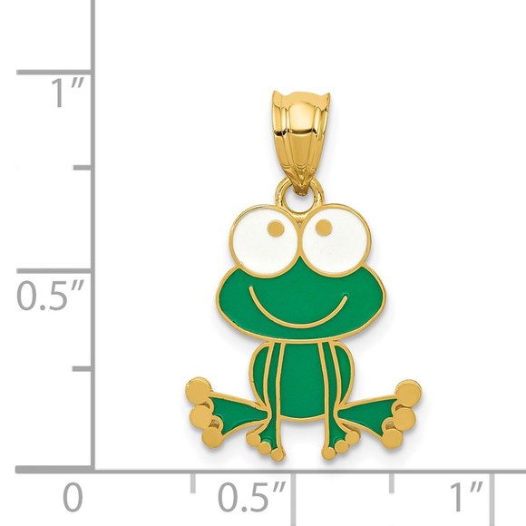 14K Yellow Gold Green and White Enameled Children's Frog Charm Pendant - Picture 4 of 4